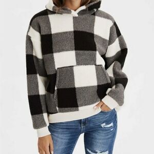 AMERICAN EAGLE Sherpa Fleece Black White Grey Checkered Pullover Hoodie M